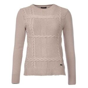 Barbour Chunky Cable Knit Winter Tartan Crew Wool Cashmere Sweater Beige 10